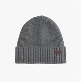 Barbour CARLTON Mens Beanie Grey, top view showcasing wool-blend knitted beanie with fleece lining and branding.