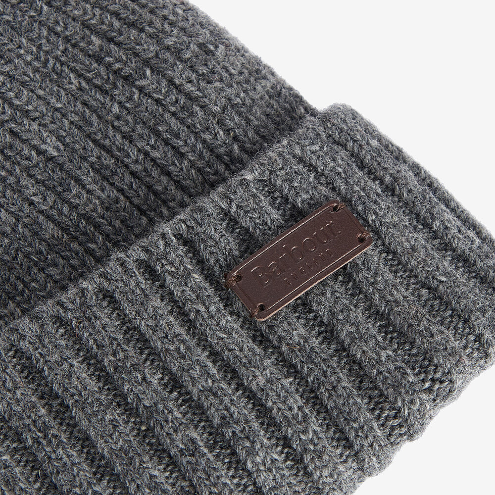 Barbour CARLTON Mens Beanie Grey close-up view showing the wool-blend texture and branding on the front.