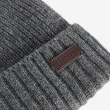 Barbour CARLTON Mens Beanie Grey close-up view showing the wool-blend texture and branding on the front.