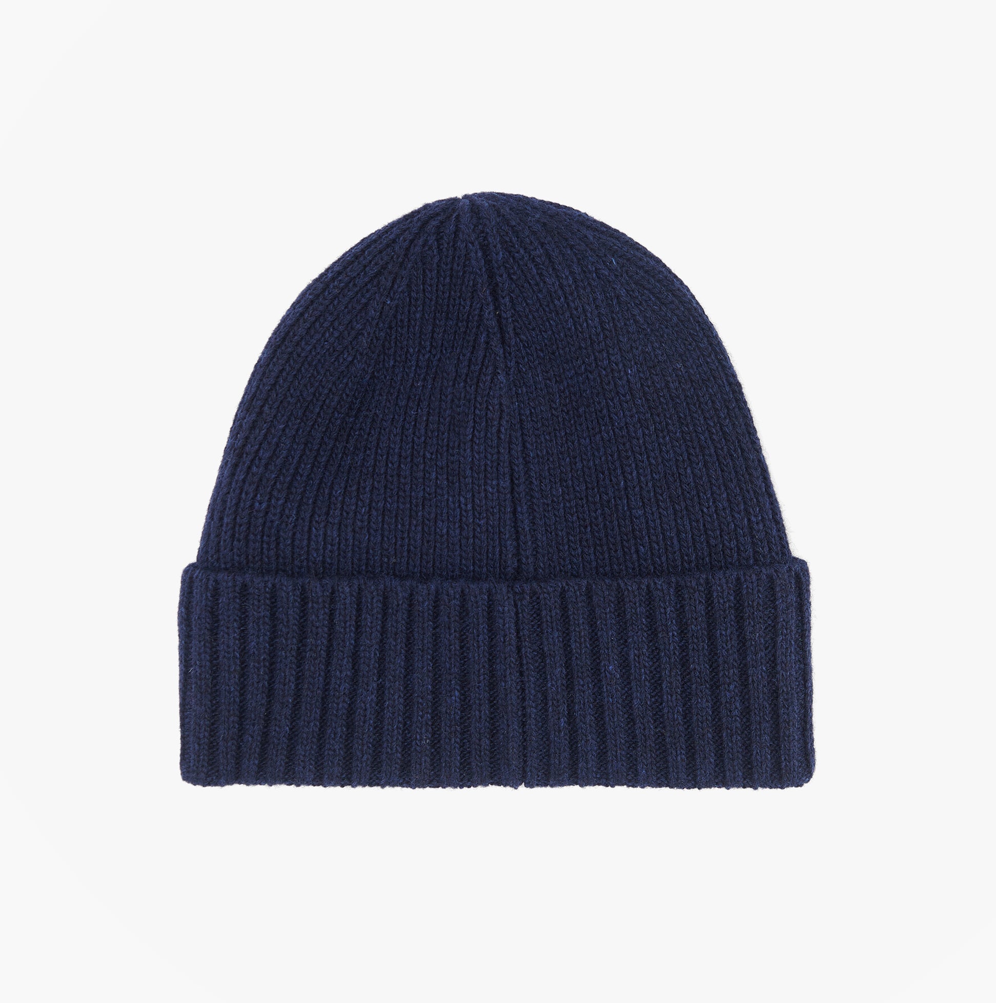 Barbour CARLTON Mens Beanie Navy top view showcasing the knitted design and ribbed cuff of the hat.
