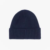 Barbour CARLTON Mens Beanie Navy top view showcasing the knitted design and ribbed cuff of the hat.