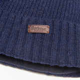 Barbour CARLTON Mens Beanie Navy detail view showing logo and texture of the beanie, highlighting quality materials.