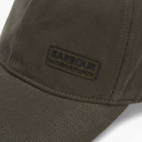 Barbour NORTON Drill Cap Mens Snapback Caps Sage/Shadow detail view showing cap logo and texture.