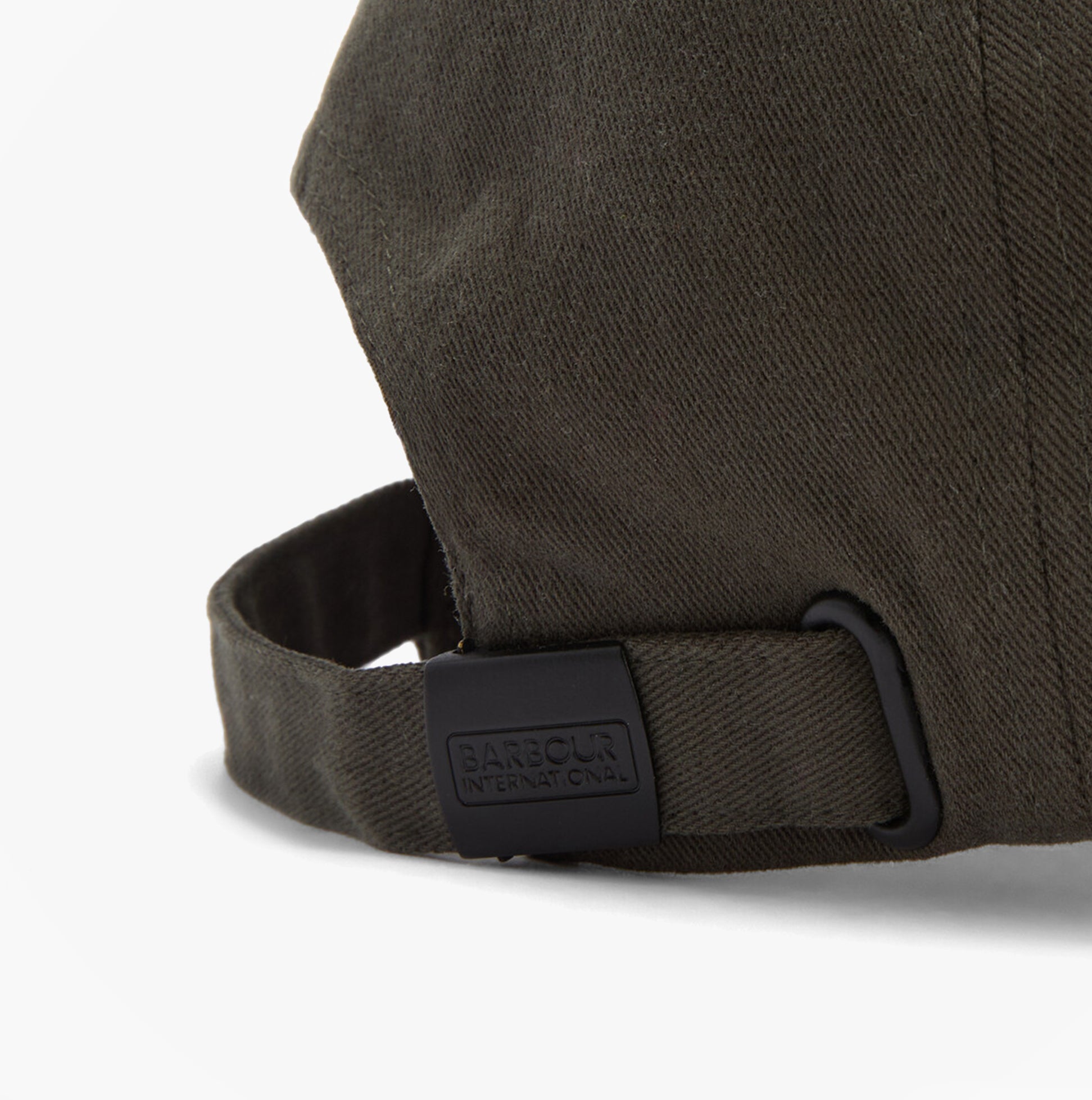 Barbour NORTON Drill Cap Mens Snapback Caps Sage/Shadow side view showing strap and logo detail.