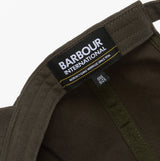 Barbour NORTON Drill Cap Mens Snapback Caps Sage/Shadow inside tag view showcasing brand details and care instructions.