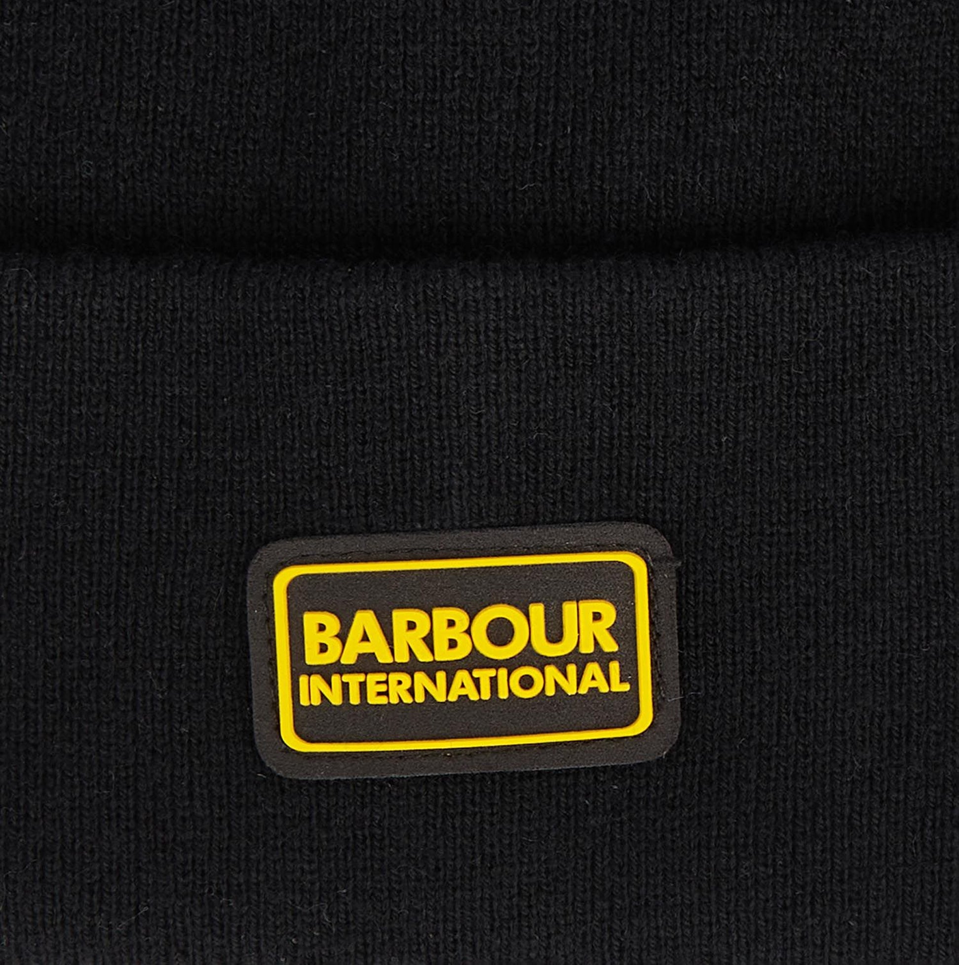 Barbour SENSOR LEGACY Mens Beanie Black detail view showing branding tag on the beanie.