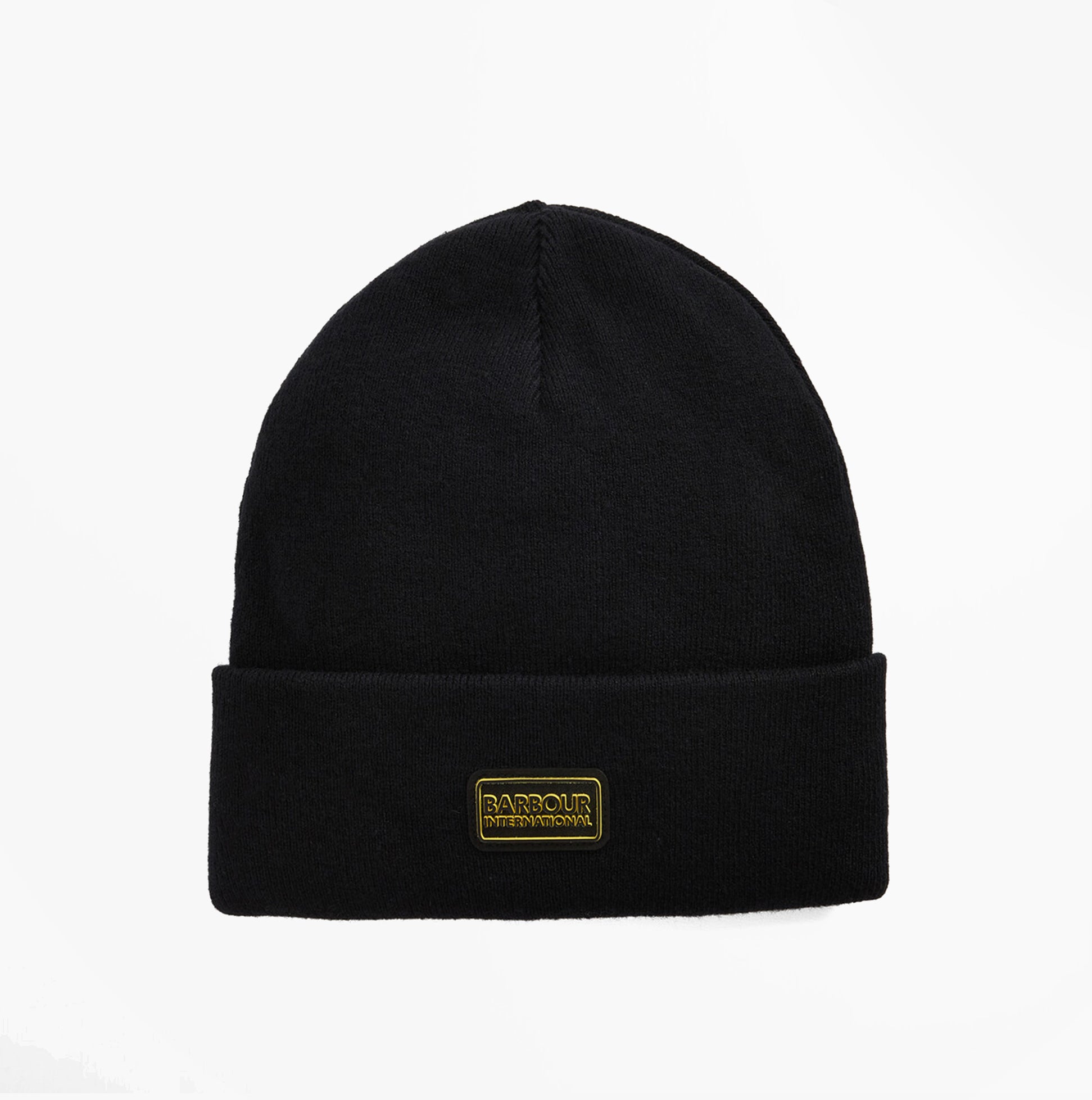 Barbour SENSOR LEGACY Mens Beanie Black/Shadow front view showcasing logo detail and classic beanie style.