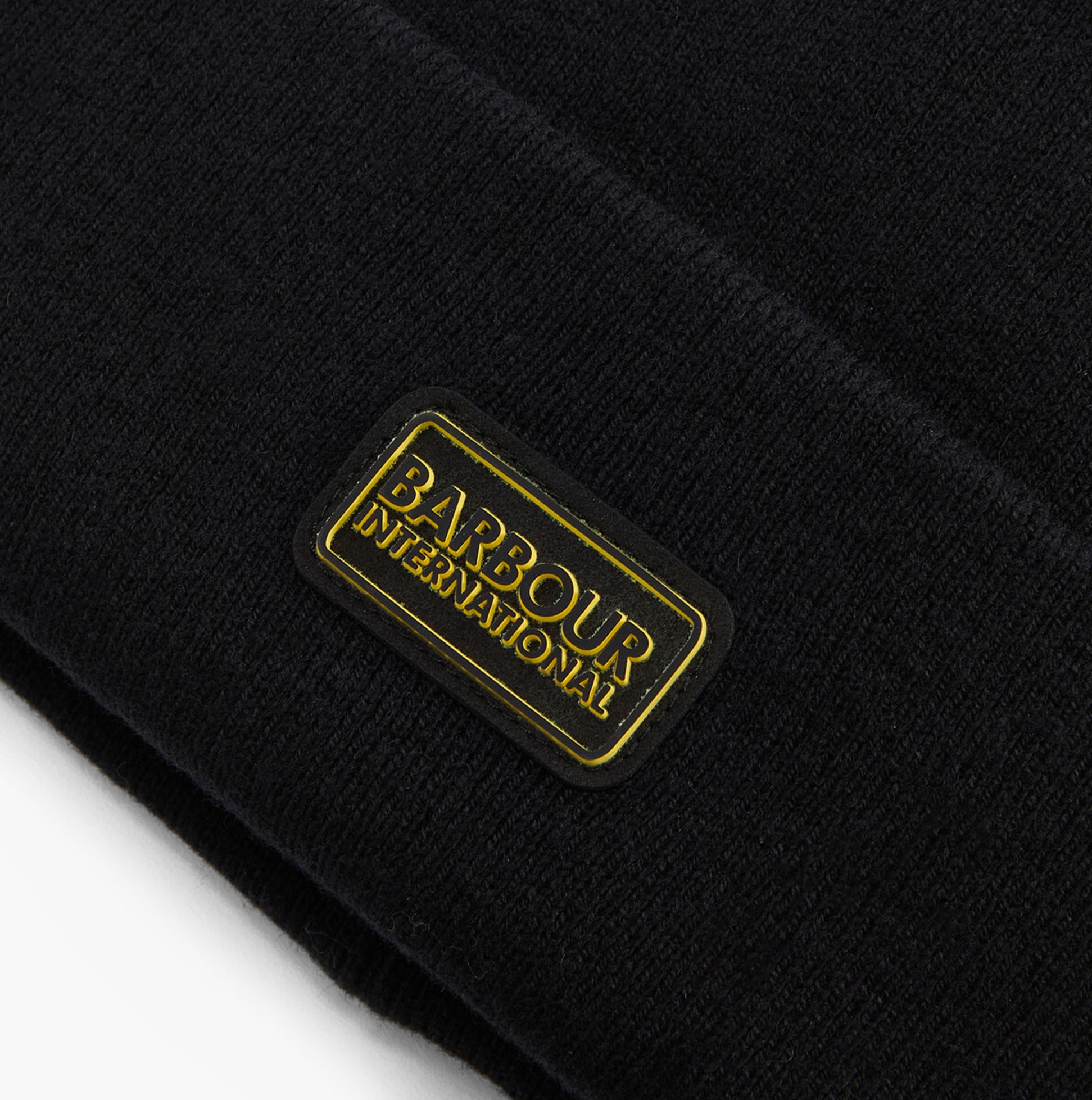 Barbour SENSOR LEGACY Mens Beanie Black/Shadow detail view featuring logo patch on black fabric.