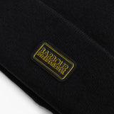 Barbour SENSOR LEGACY Mens Beanie Black/Shadow detail view featuring logo patch on black fabric.