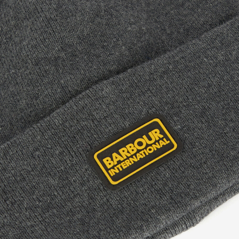 Barbour SENSOR LEGACY Mens Beanie Grey Marl detail view showcasing logo patch on hat.