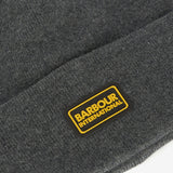 Barbour SENSOR LEGACY Mens Beanie Grey Marl detail view showcasing logo patch on hat.