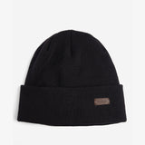 Barbour HEALEY Mens Beanie Black, top view, knitted beanie with turnback hem edge and logo detail.