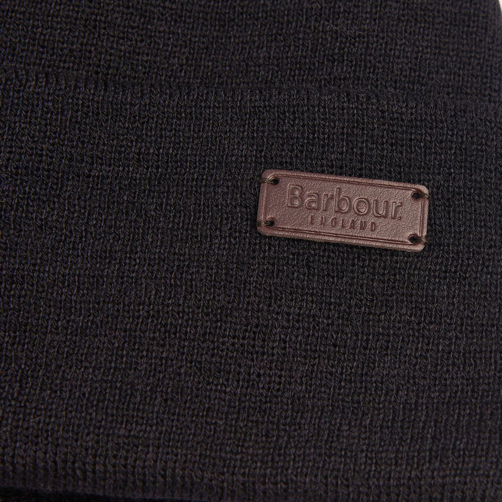 Detail view of Barbour HEALEY Mens Beanie Black showing the logo patch.