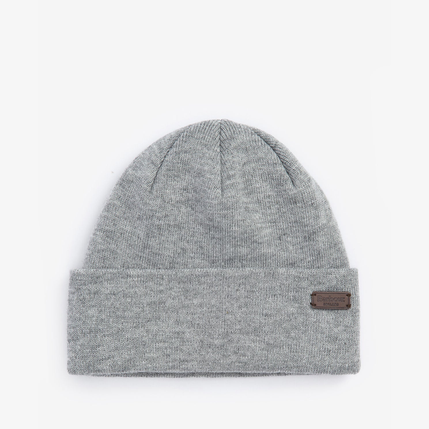 Barbour HEALEY Mens Beanie Light Grey Marl front view, knitted beanie with turnback hem edge, double layer construction.