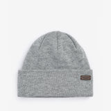 Barbour HEALEY Mens Beanie Light Grey Marl front view, knitted beanie with turnback hem edge, double layer construction.