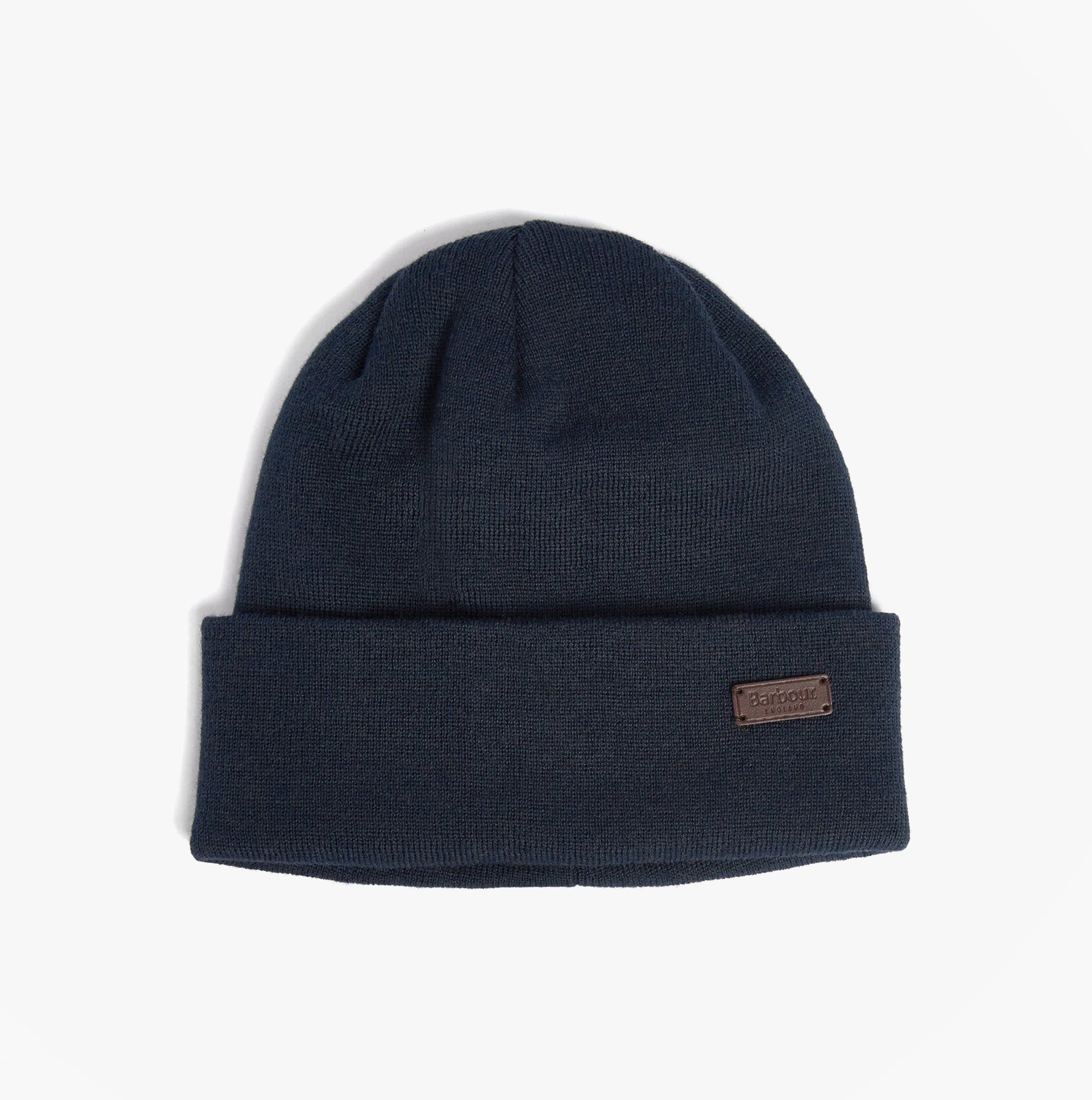 Barbour HEALEY Mens Beanie Navy front view showcasing knitted texture and turnback hem design.