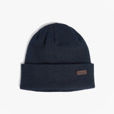 Barbour HEALEY Mens Beanie Navy front view showcasing knitted texture and turnback hem design.
