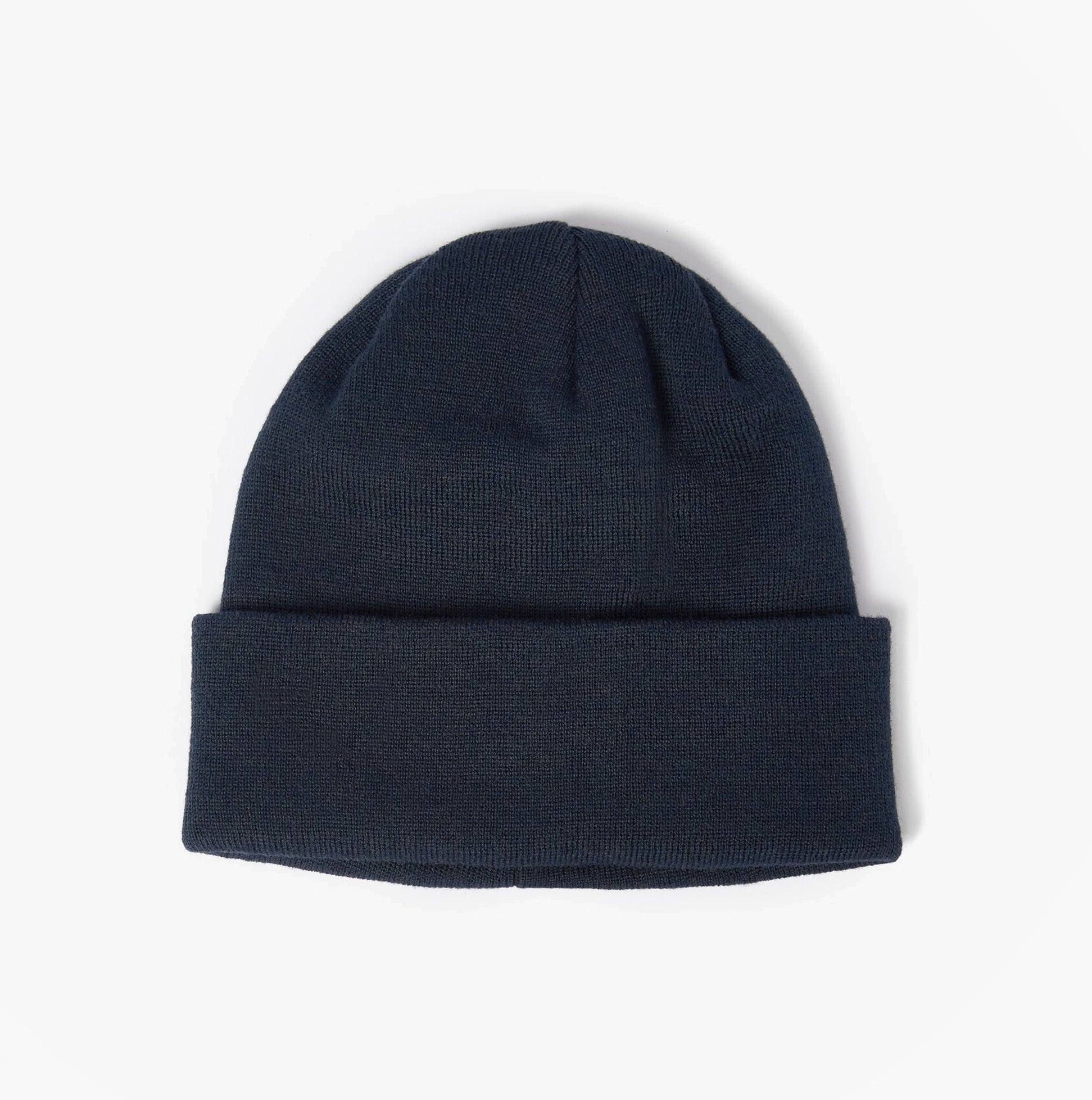 Barbour HEALEY Mens Beanie Navy top view showing knitted texture and turnback hem edge.