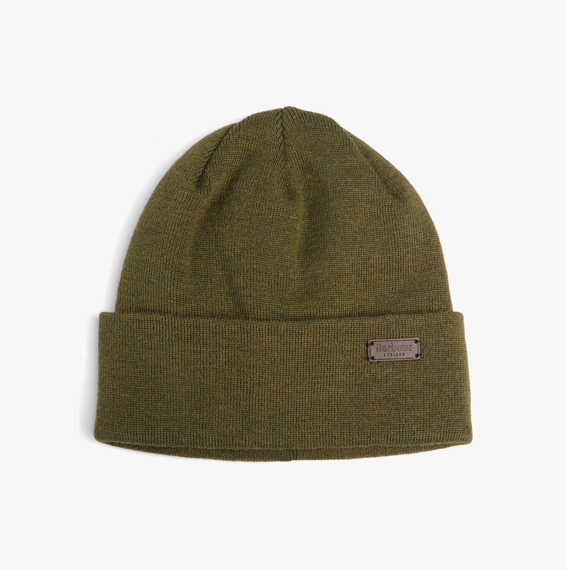 Barbour HEALEY Mens Beanie Olive front view, knitted with turnback hem edge, double layer construction.