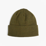 Barbour HEALEY Mens Beanie Olive front view showing knitted design and turnback hem edge.