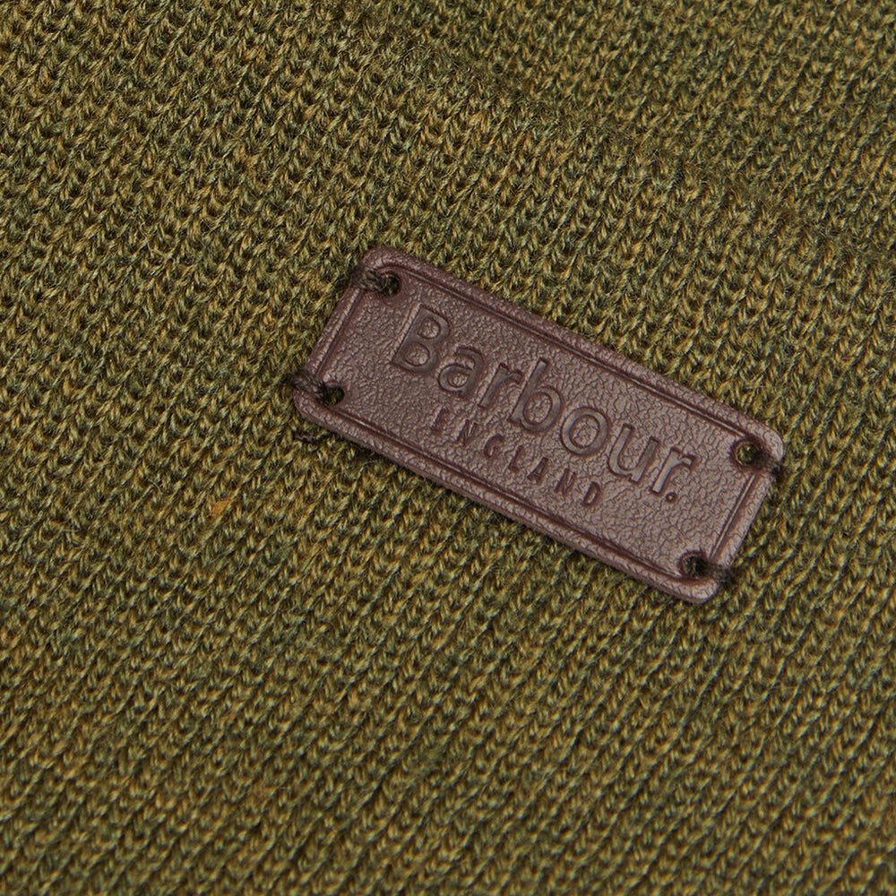 Barbour HEALEY Mens Beanie Olive detail view of leather logo patch on knitted fabric.