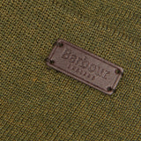 Barbour HEALEY Mens Beanie Olive detail view of leather logo patch on knitted fabric.
