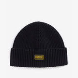 Barbour SWEEPER LEGACY Mens Beanie Black top view showcasing ribbed design and silicone logo badge.