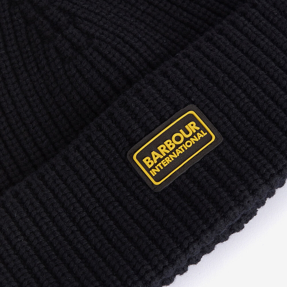 Barbour SWEEPER LEGACY Mens Beanie Black detail view of ribbed beanie with logo badge