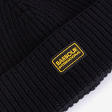 Barbour SWEEPER LEGACY Mens Beanie Black detail view of ribbed beanie with logo badge