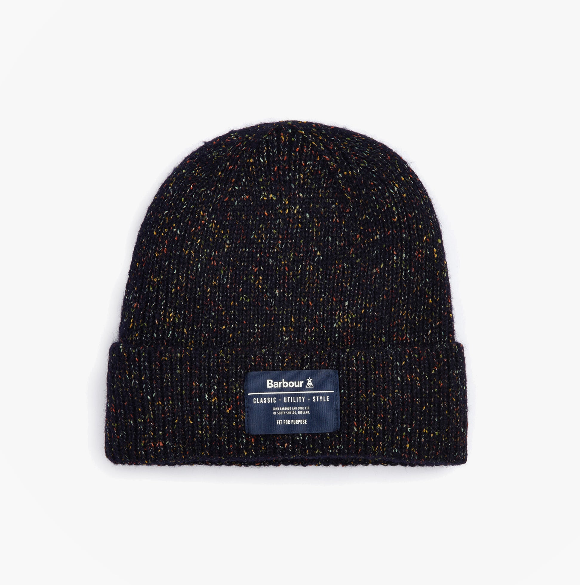 Barbour ESTON Mens Beanie Navy top view showcasing knitted texture and brand label