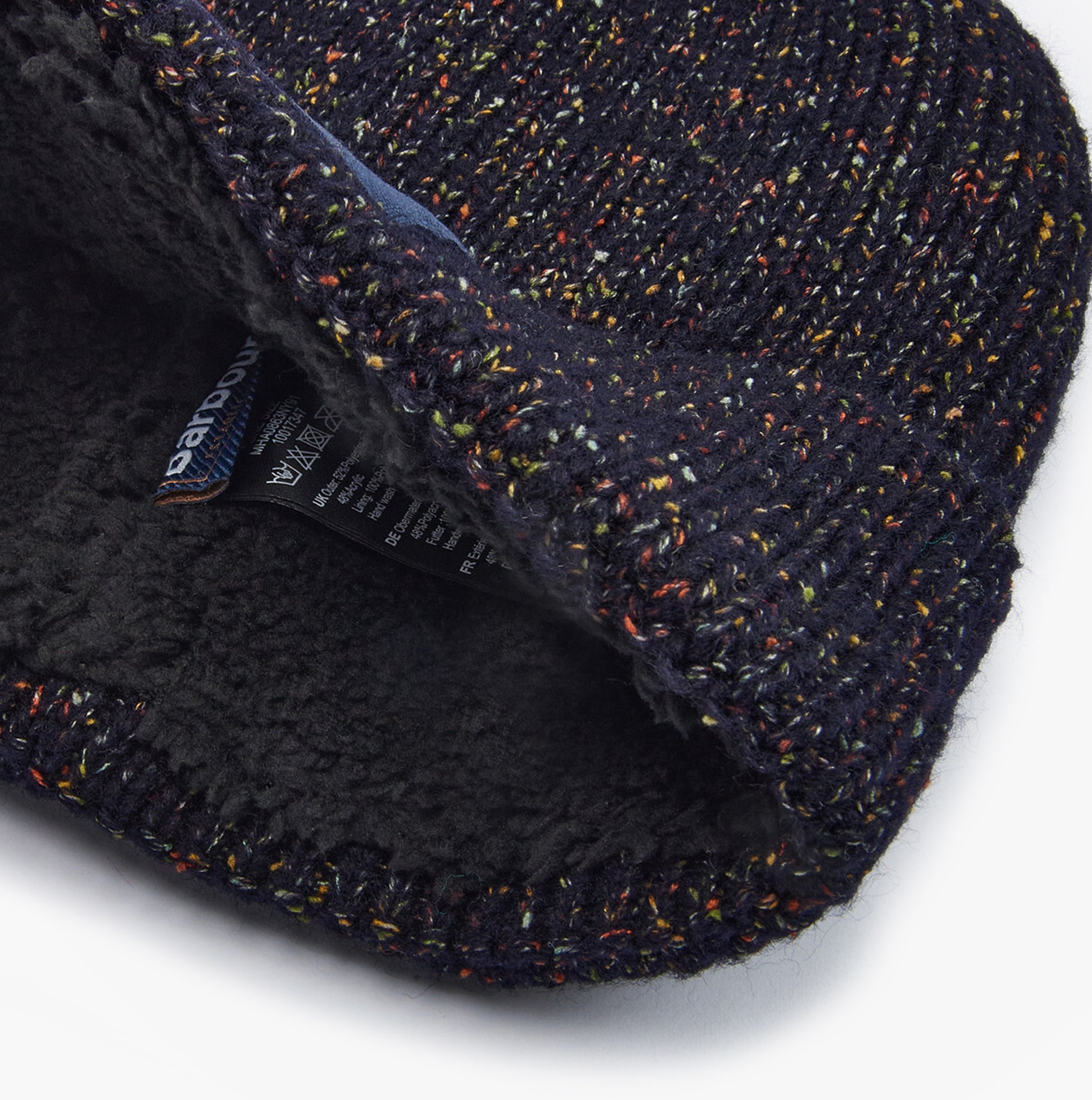 Barbour ESTON Mens Beanie Navy detail view showcasing the textured interior lining and stitching.