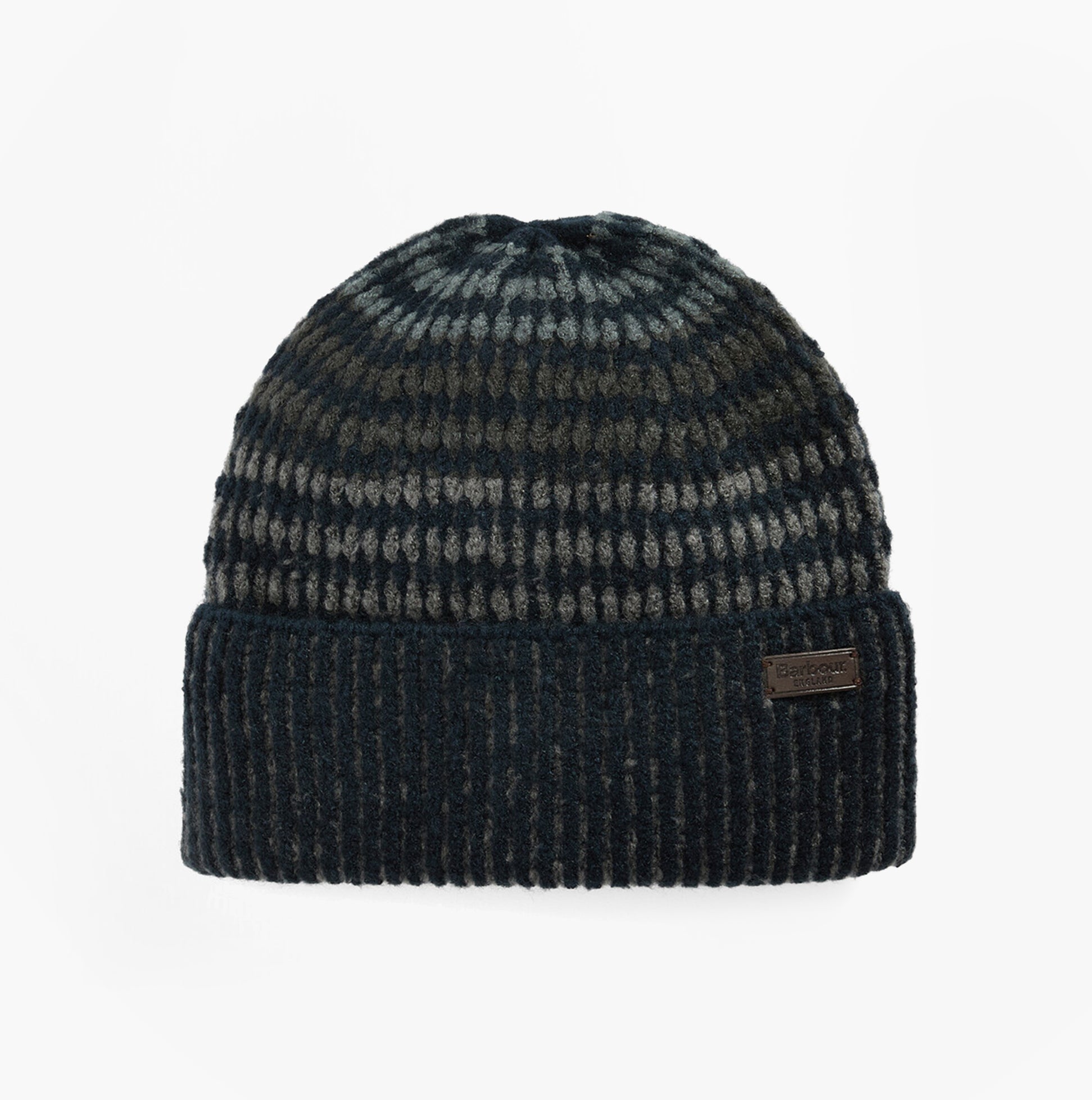 Barbour HARRAY Mens Beanie Navy/Basalt Blue front view with textured pattern and cuffed design.