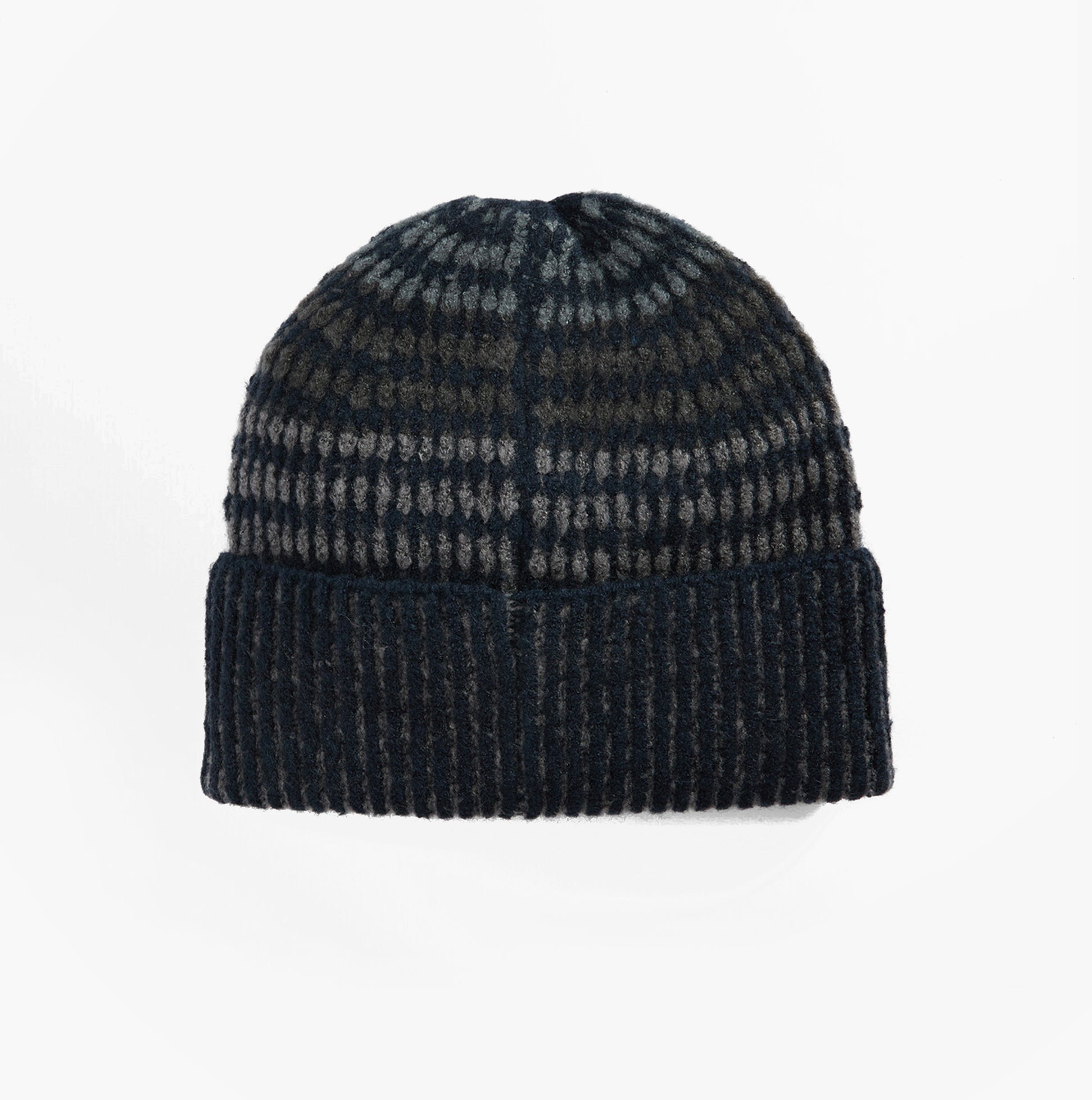Barbour HARRAY Mens Beanie Navy/Basalt Blue front view with a ribbed texture and pattern details.