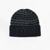 Barbour HARRAY Mens Beanie Navy/Basalt Blue front view with a ribbed texture and pattern details.