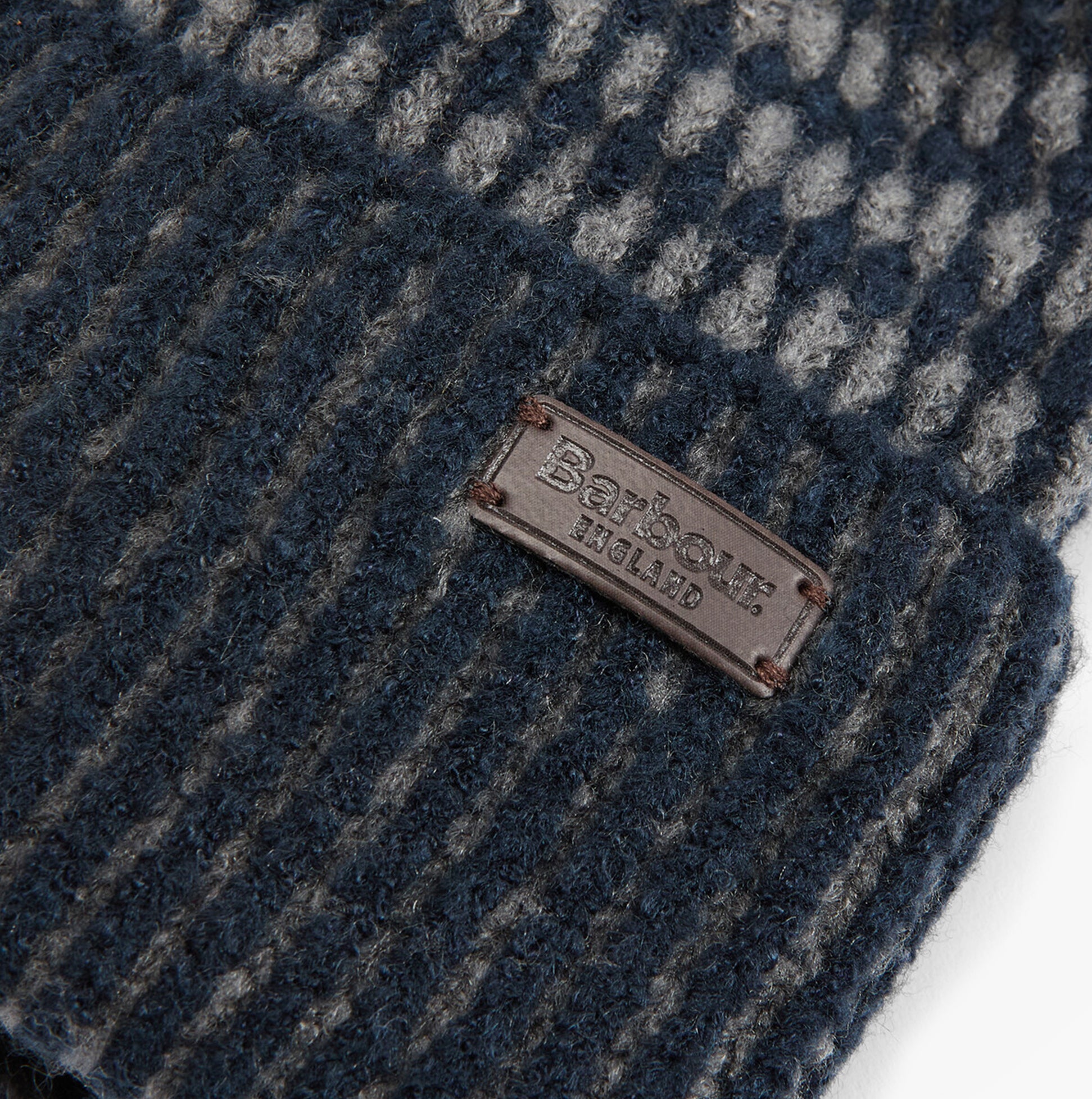 Barbour HARRAY Mens Beanie Navy/Basalt Blue detail view showing the logo and texture of the fabric.