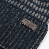 Barbour HARRAY Mens Beanie Navy/Basalt Blue detail view showing the logo and texture of the fabric.