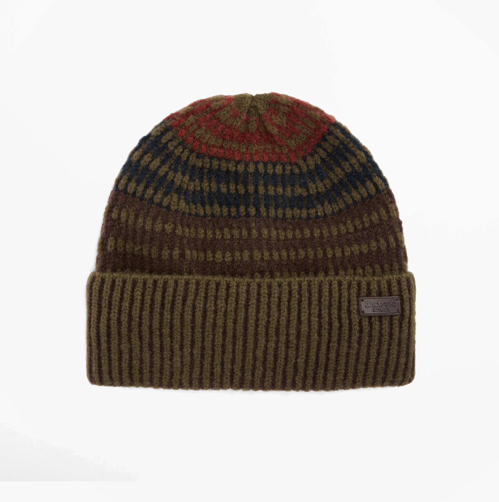 Barbour HARRAY Mens Beanie Olive/Fired Brick top view showing textured knit pattern and folded rim design.
