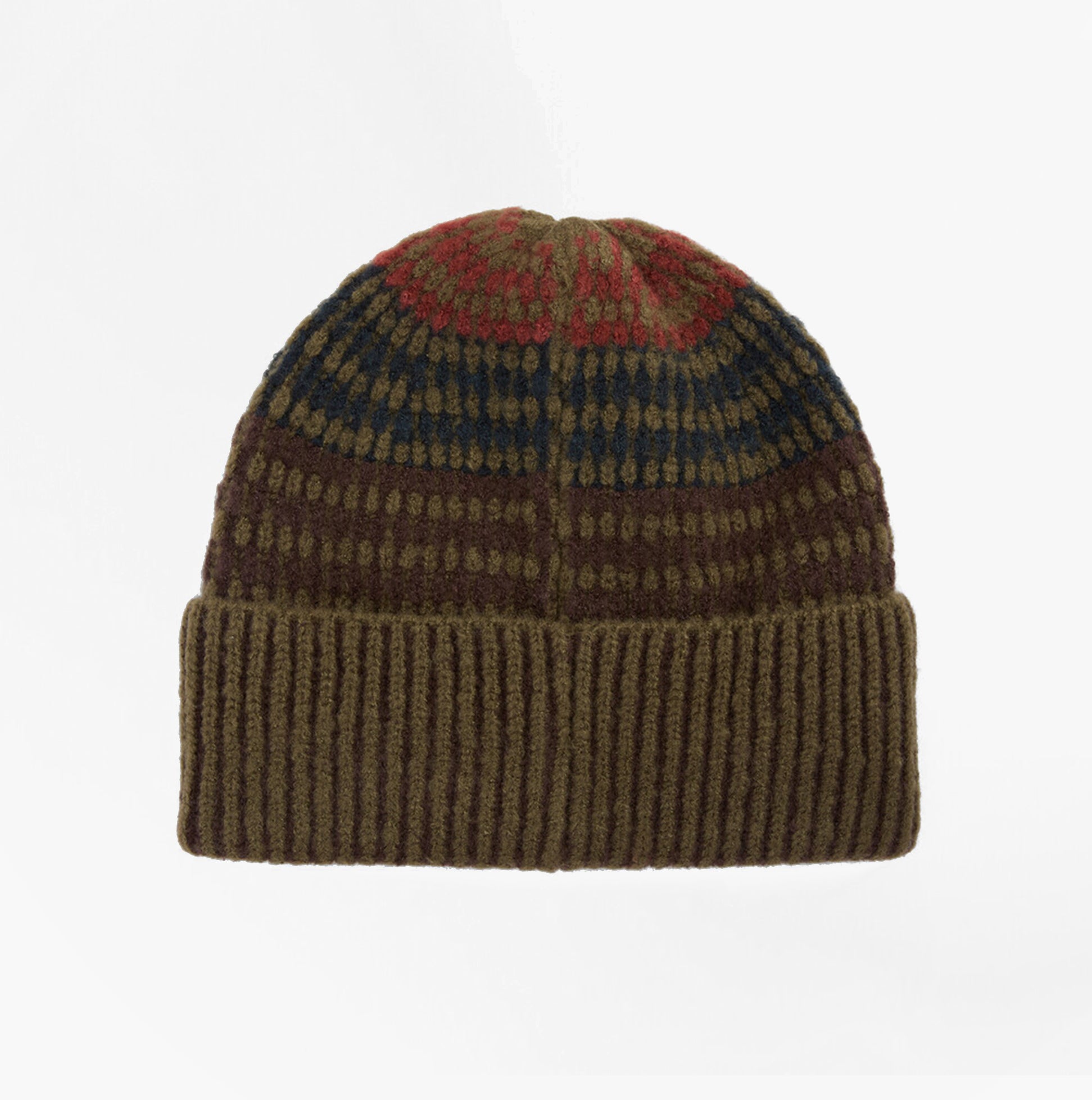 Barbour HARRAY Mens Beanie Olive/Fired Brick front view showcasing the unique knit design and ribbed cuff.