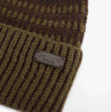 Barbour HARRAY Mens Beanie Olive/Fired Brick detail view showcasing the brown and olive ribbed texture.