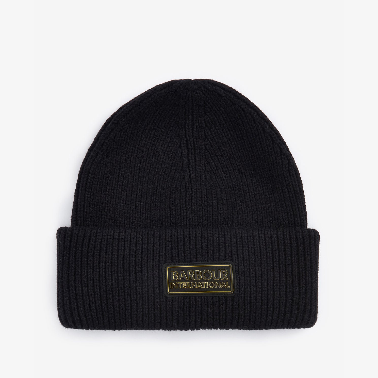 Barbour FLEX Mens Beanie Black front view showcasing the turnup hem and rubberised branded badge.
