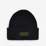 Barbour FLEX Mens Beanie Black front view showcasing the turnup hem and rubberised branded badge.