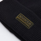 Barbour FLEX Mens Beanie Black detail view showing rubberised branded badge on outer