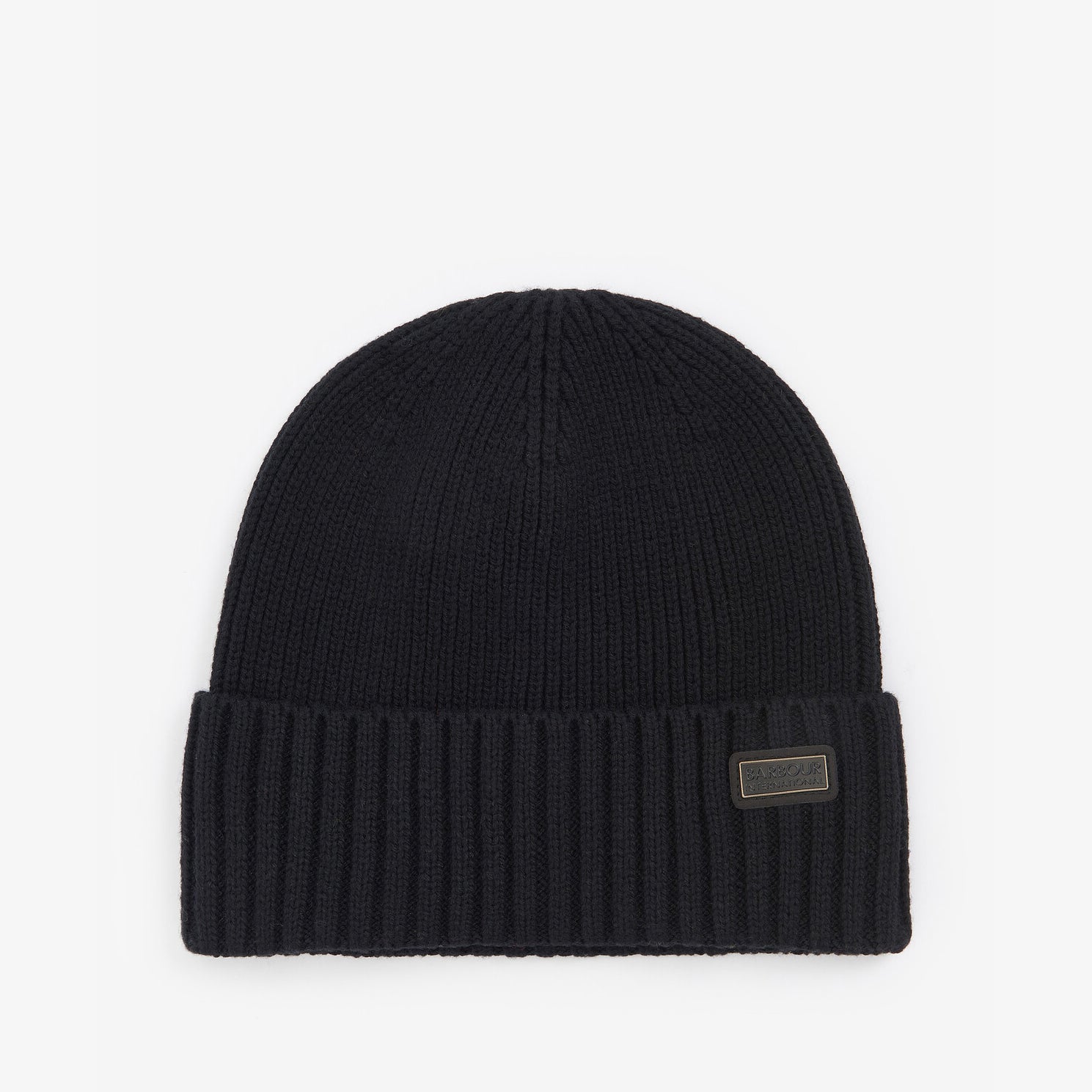 Barbour CHESTER Mens Beanie Black top view showing rib-knit design and logo-embossed leather badge.