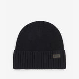 Barbour CHESTER Mens Beanie Black top view showing rib-knit design and logo-embossed leather badge.