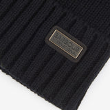 Barbour CHESTER Mens Beanie Black detail view displaying rib-knit design and logo-embossed leather badge.
