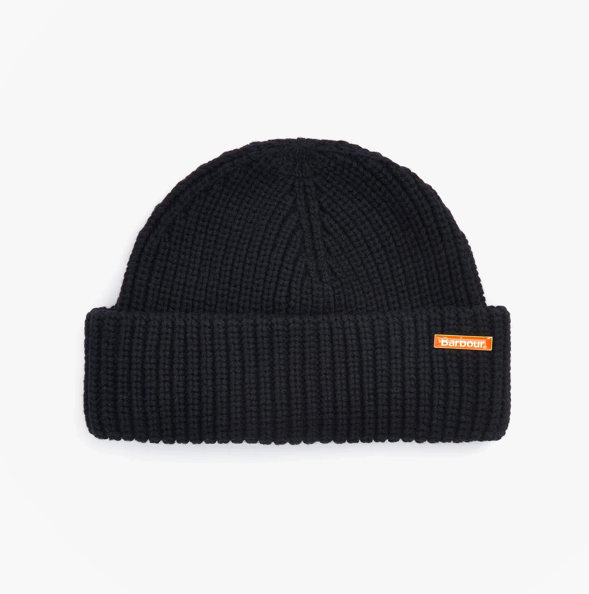 Barbour MOSELY Mens Fisherman Beanie Black top view showcasing knitted texture and removable metal Barbour pin.