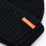 Barbour MOSELY Mens Fisherman Beanie Black close-up view highlighting the removable metal logo pin.
