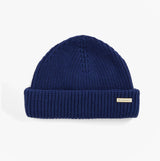 Barbour MOSELY Mens Beanie Inky Blue top view showcasing ribbed texture and folded brim.