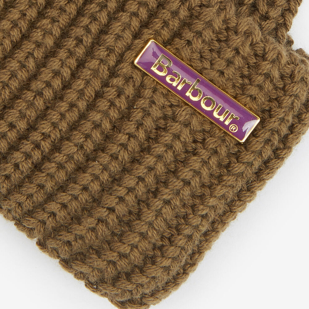 Barbour MOSELY Mens Fisherman Beanie Light Sage detail view showcasing Barbour logo pin on ribbed texture.