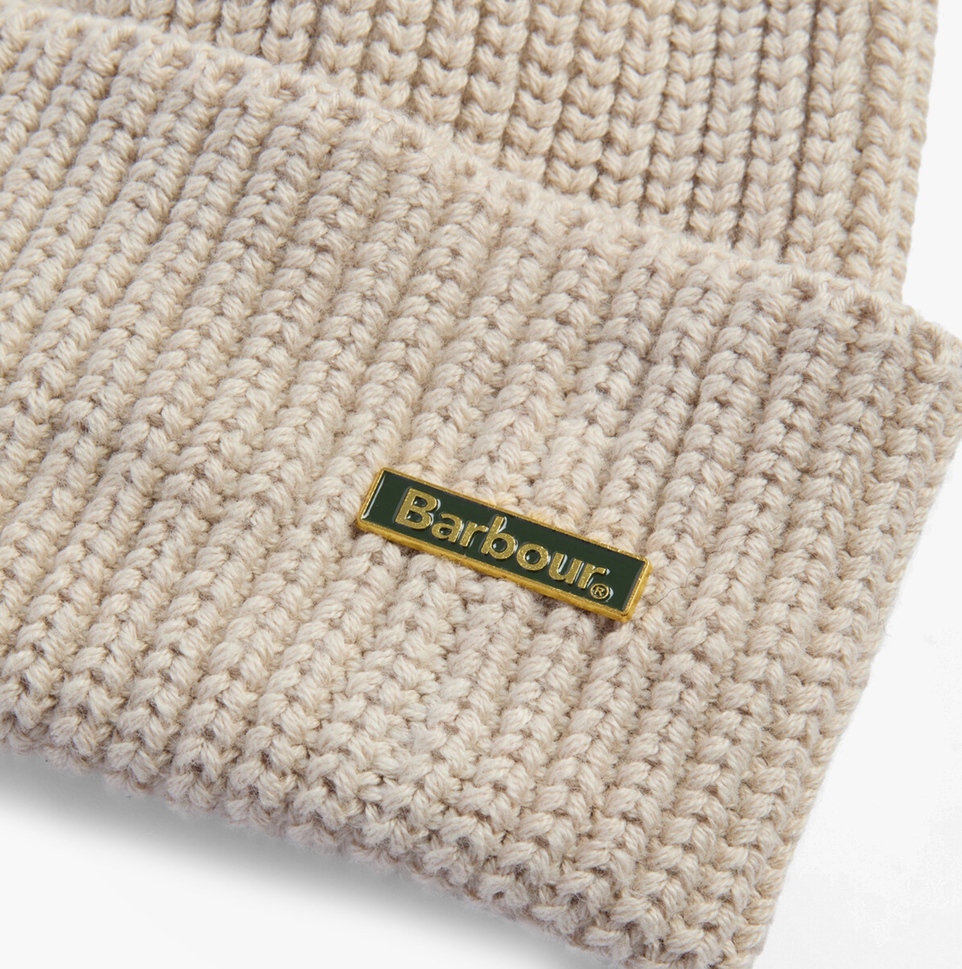 Barbour MOSELY Mens Beanie Mist detail view showcasing fabric texture and logo.
